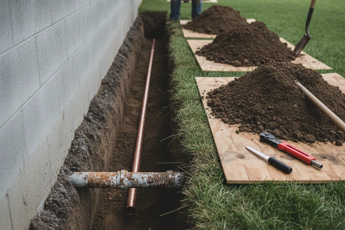 Excavated water line trench during Water Softener Installation in Ellendale